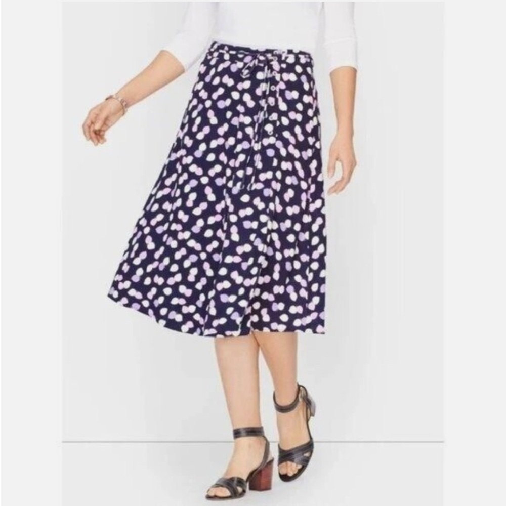 Talbots Navy Pink Lavender White Leaf Print Button faux Wrap Midi Skirt 6 petite